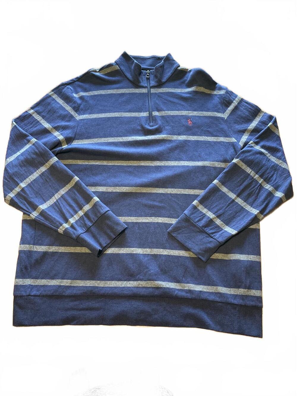 Polo Ralph Lauren XXL-TTG Men’s Long Sleeve 1/4 Zip Blue Gray Stripe Polo
